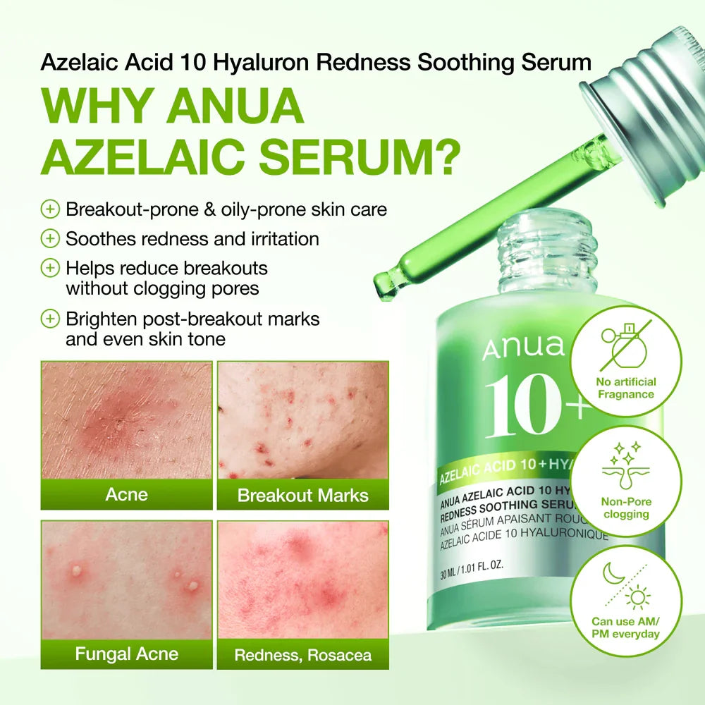 ANUA AZELAIC ACID 10 HYALURON REDNESS SOOTHING SERUM 30ML