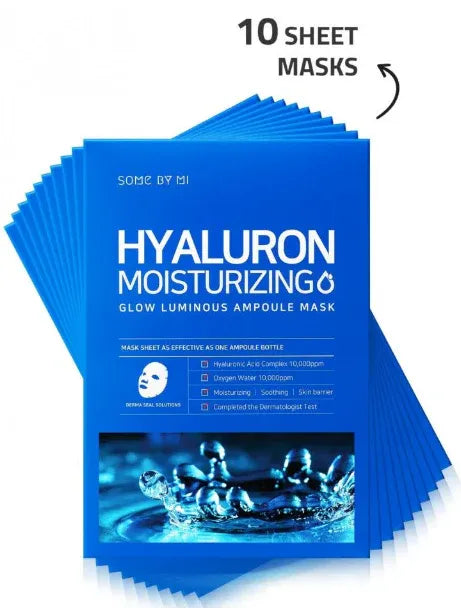 SOME BY MI Glow Luminous Ampoule Beauty Mask, Hyaluron Moisturizing, 10 Sheets, 25 g Each